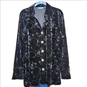 #361 Harve Benard- Black Crush Velour Embroidered Tunic length Top- Size: XL